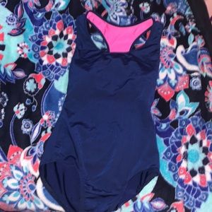 Theatricals brand, navy/pink, racerback leotard.